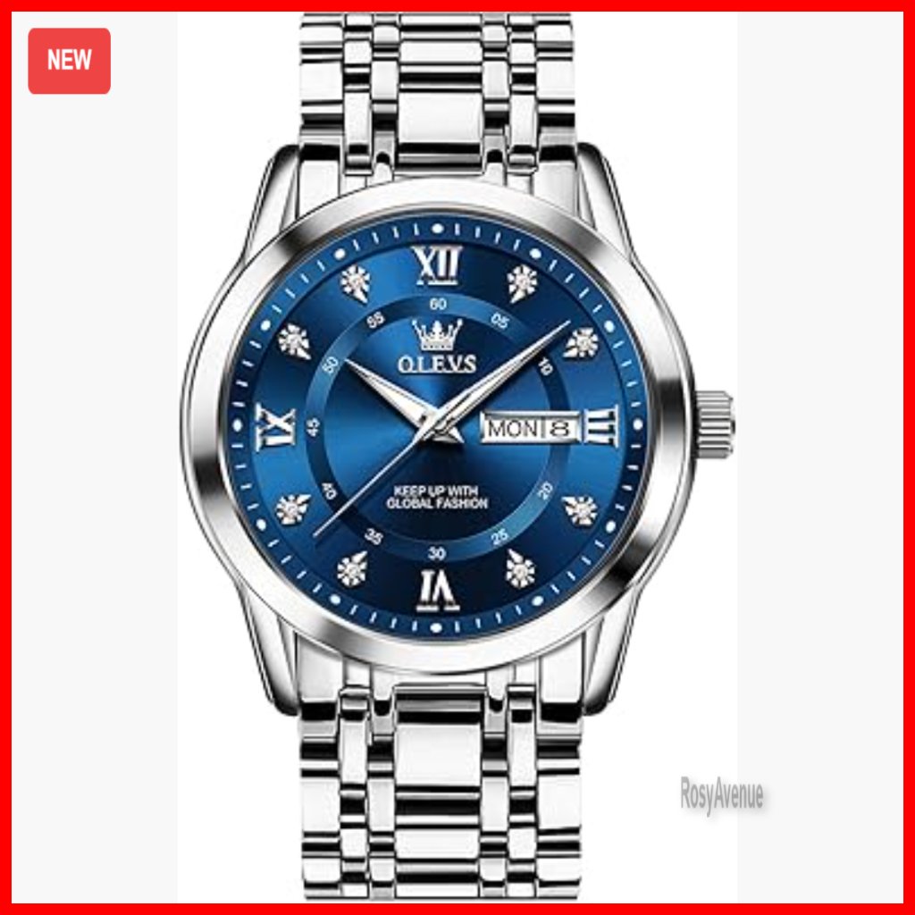 Mens Stainless Steel Watch Roman Numerals Day Date Waterproof Luminous